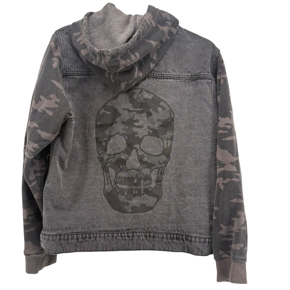 Mens Denim Jacket Hooded Camo Sleeve Skull Print Washed‎ Black Size M